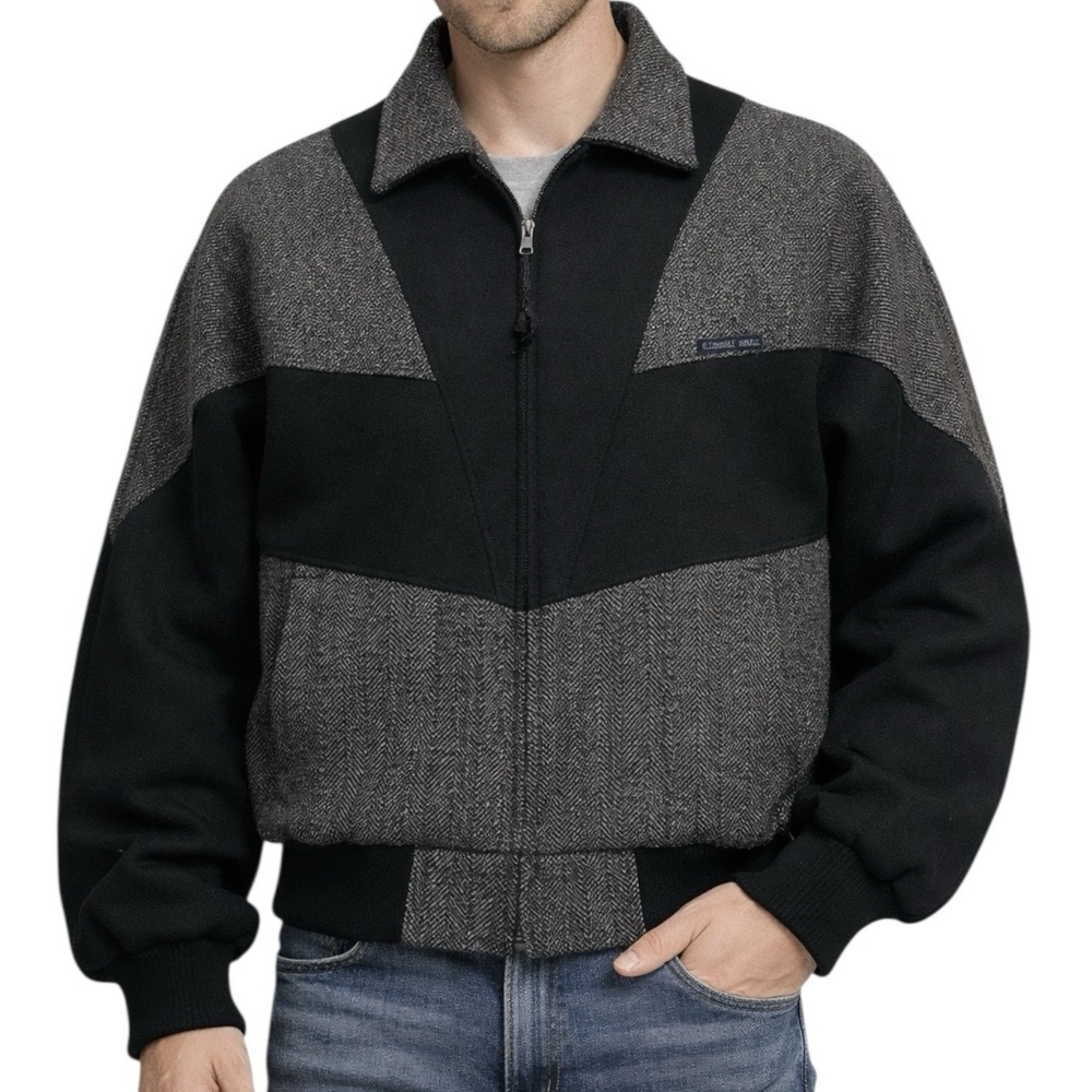Vintage CRIPPLE CREEK Bomber Jacket sz L Black Grey Wool Blend Horse Hair Tassel